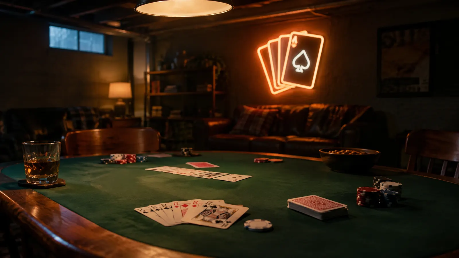 A glowing neon sign casting warm light over a card table with a hand of cards in a dim basement