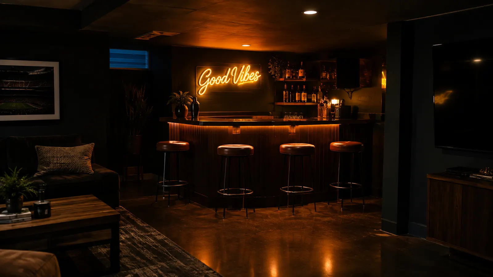 A custom neon sign glowing as the main light source above a bar counter in a dark finished basement.