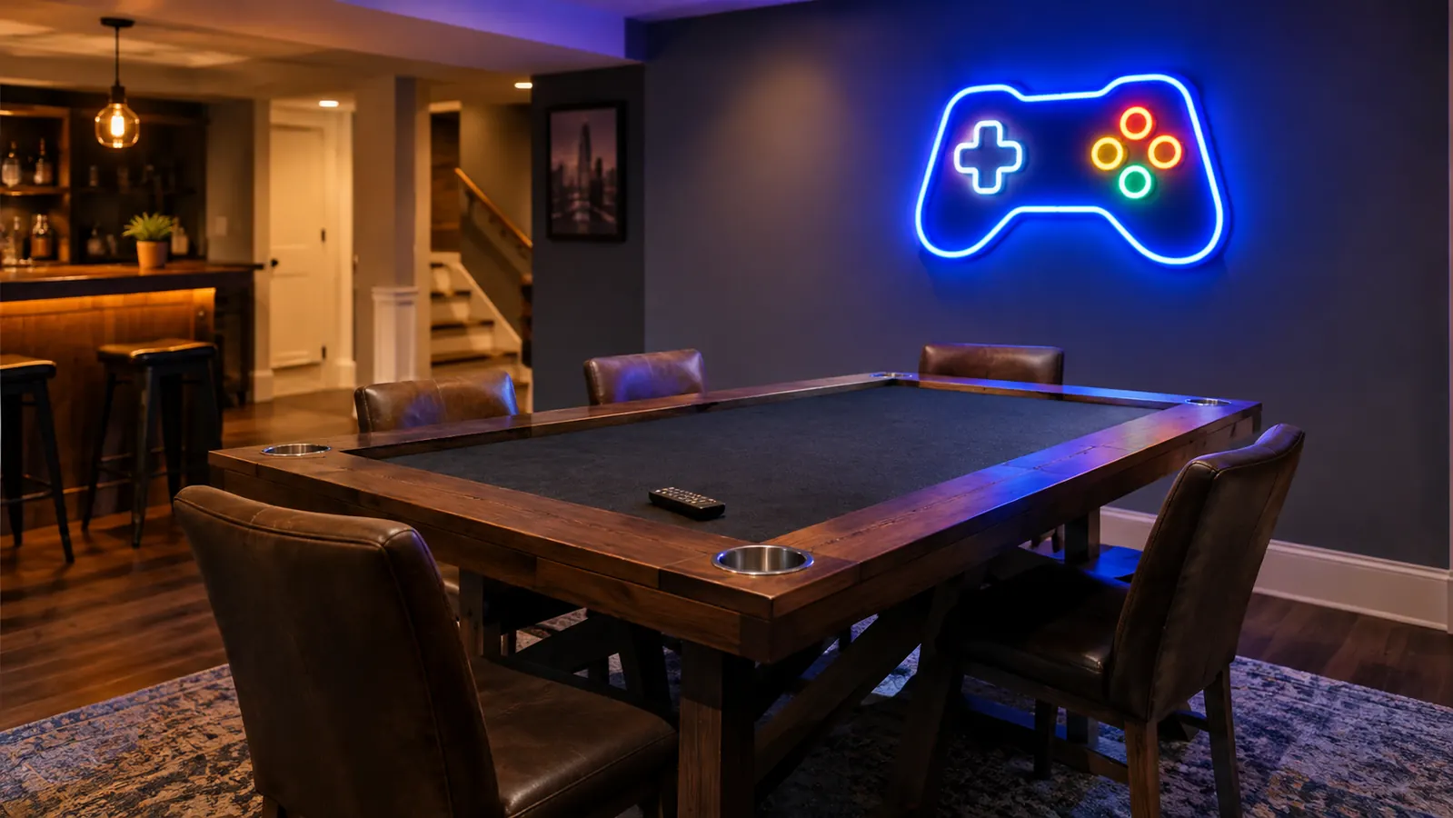 A custom neon sign mounted above a game table in a basement, with a remote on the table